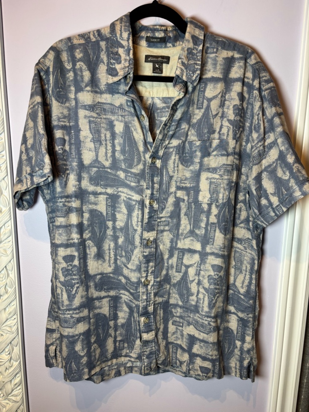 Eddie Bauer Blue and Cream Short-Sleeve Button-Down Linen/Cotton Camp Shirt